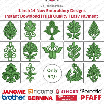 1-Inch Floral Leaf Embroidery Design Set – 14 Mini Motif Designs