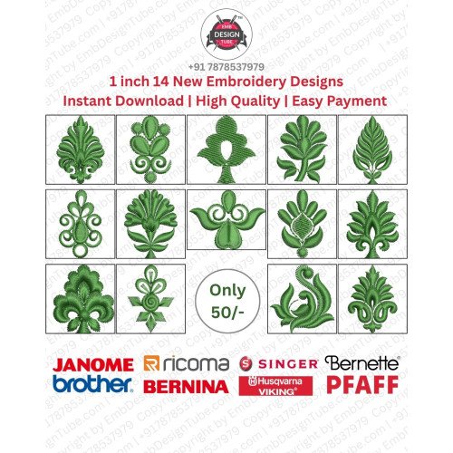 1-Inch Floral Leaf Embroidery Design Set – 14 Mini Motif Designs