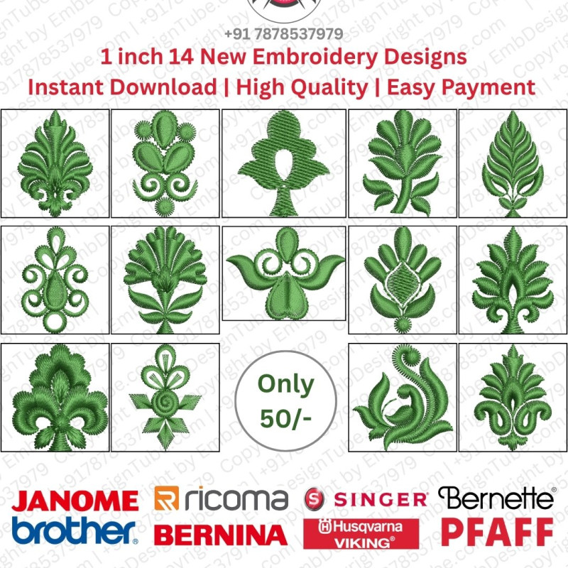 1-Inch Floral Leaf Embroidery Design Set – 14 Mini Motif Designs