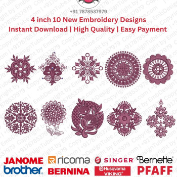 4 Inch Floral Mandala Round Motif Embroidery 10 Design Set