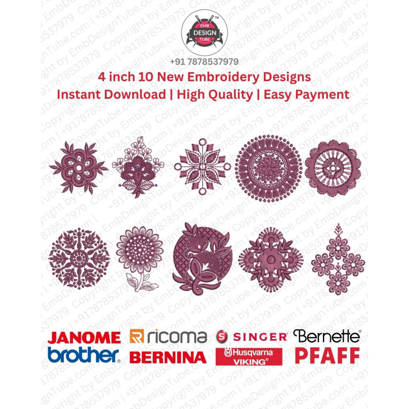 4 Inch Floral Mandala Round Motif Embroidery 10 Design Set