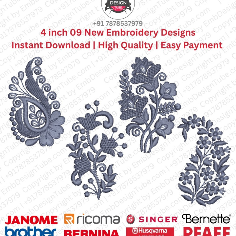 10 Indian Paisley Floral Motif Embroidery Designs Set