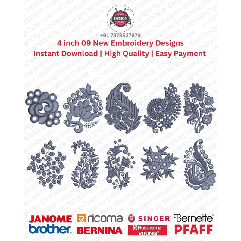 10 Indian Paisley Floral Motif Embroidery Designs Set