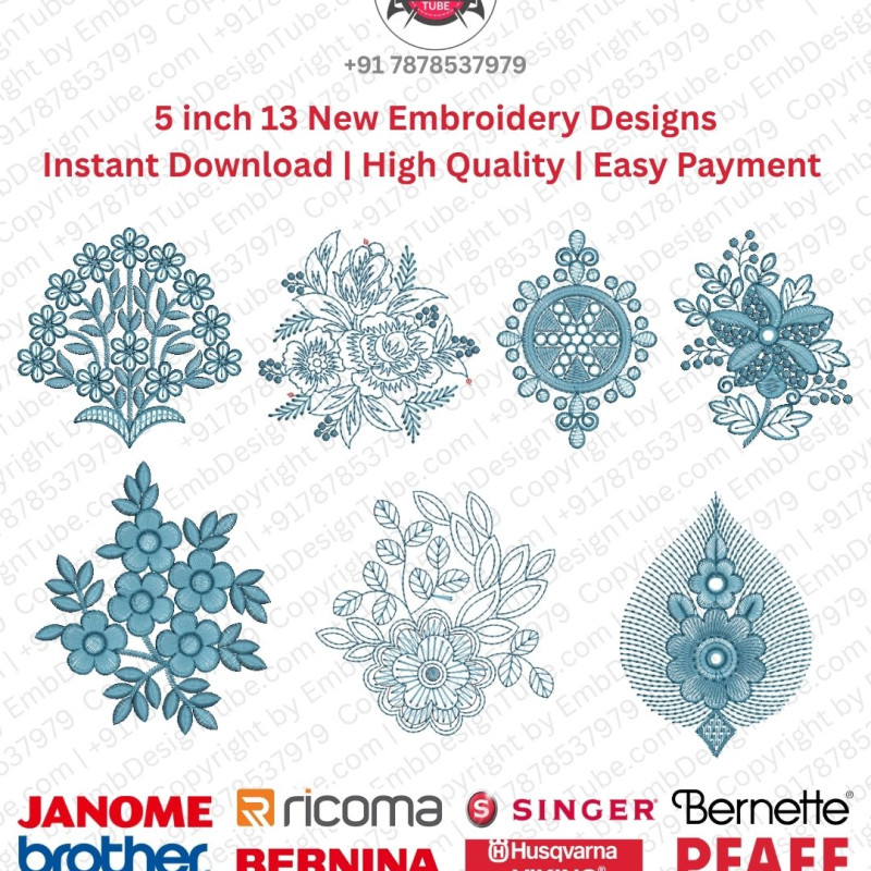 Floral Foliage 13 Ornamental Motif Embroidery 5 Inch Pack