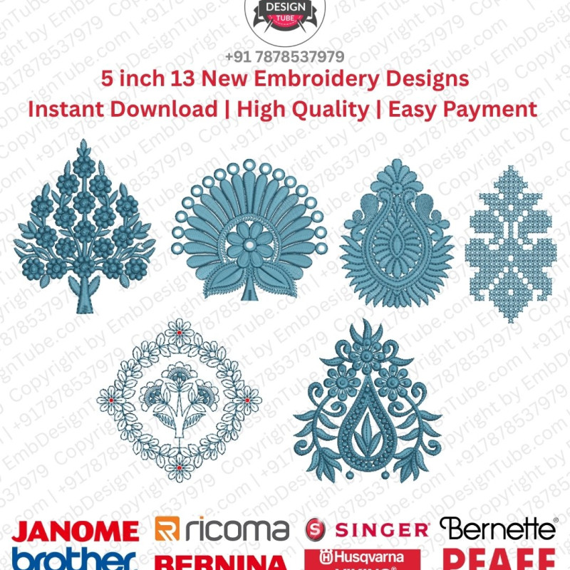 Floral Foliage 13 Ornamental Motif Embroidery 5 Inch Pack