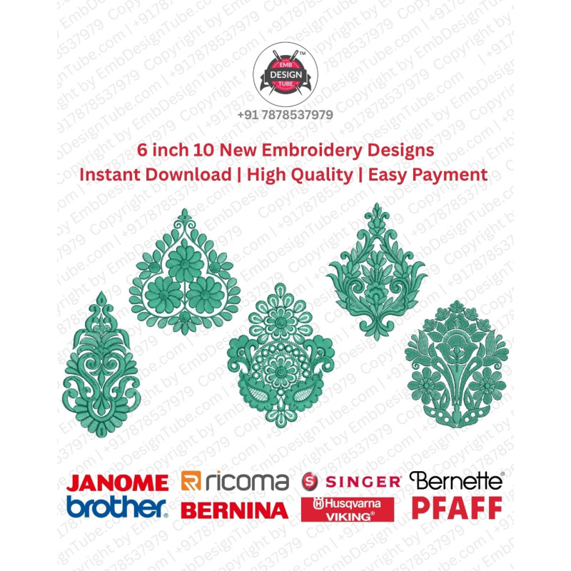 6 Inch Ornamental Foliage Crest Motif 10 Embroidery Designs Set