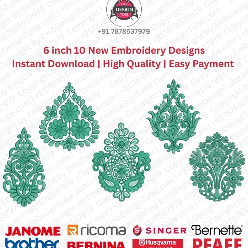 6 Inch Ornamental Foliage Crest Motif 10 Embroidery Designs Set