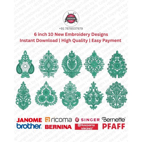 6 Inch Ornamental Foliage Crest Motif 10 Embroidery Designs Set
