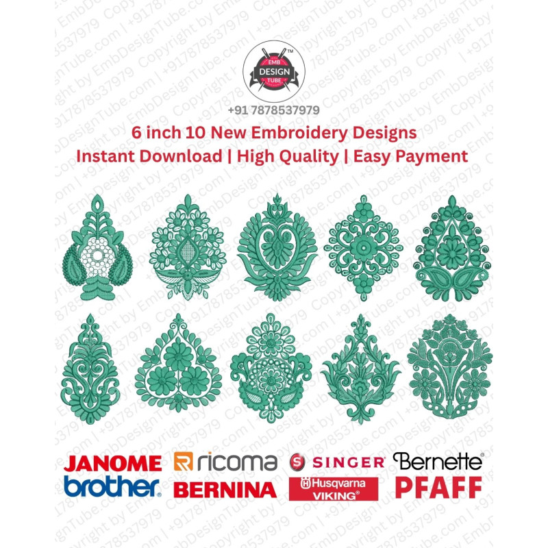 6 Inch Ornamental Foliage Crest Motif 10 Embroidery Designs Set