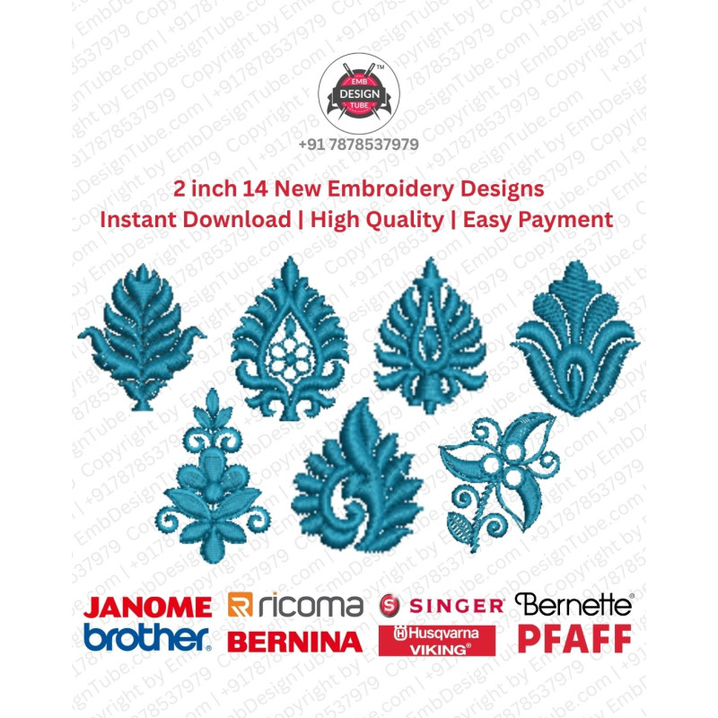 2 Inch 14 Delicate Floral & Foliage Embroidery Designs Set