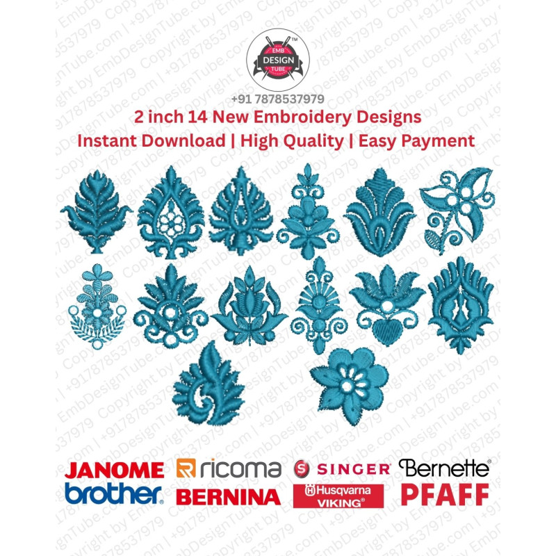 2 Inch 14 Delicate Floral & Foliage Embroidery Designs Set