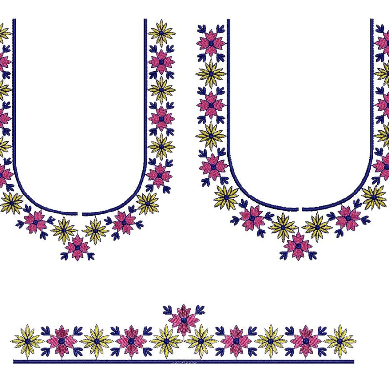 Folk Floral U-Neck Machine Embroidery Design