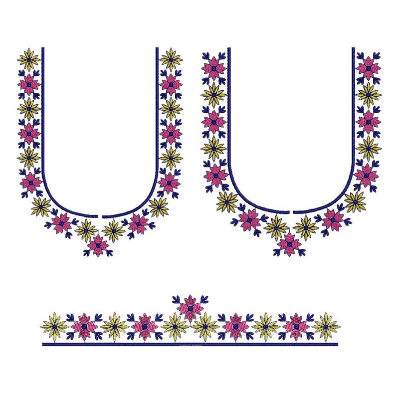 Folk Floral U-Neck Machine Embroidery Design