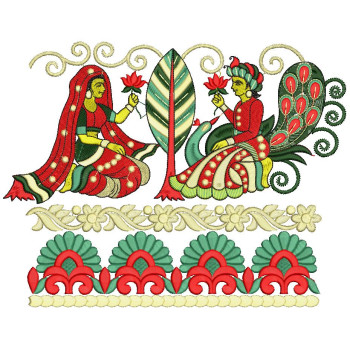 Enchanting Rajasthani Scenes & Peacock Motifs Saree Embroidery Design