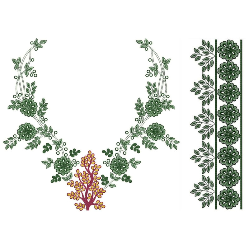 Green Wavy Line And Flower In Neck Embroidery Design