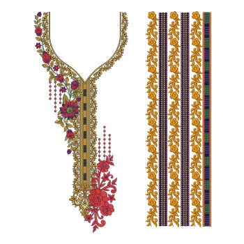 Ornate Floral Neckline and Border Embroidery Design