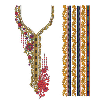 Ornate Floral Neckline and Border Embroidery Design