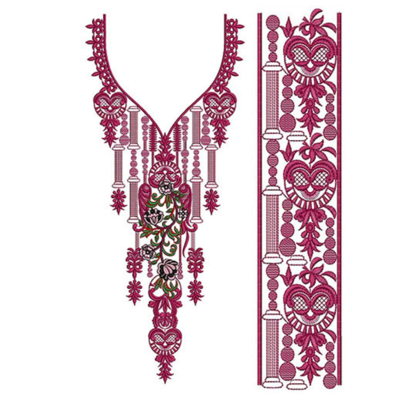 Ornate Baroque Floral Neckline and Border Embroidery Design