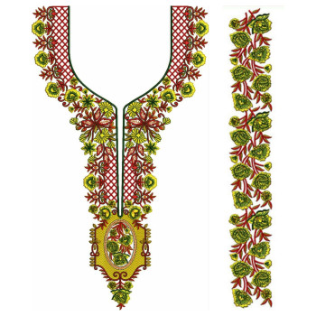 Vibrant Floral Neckline with Lattice Accents Embroidery Design
