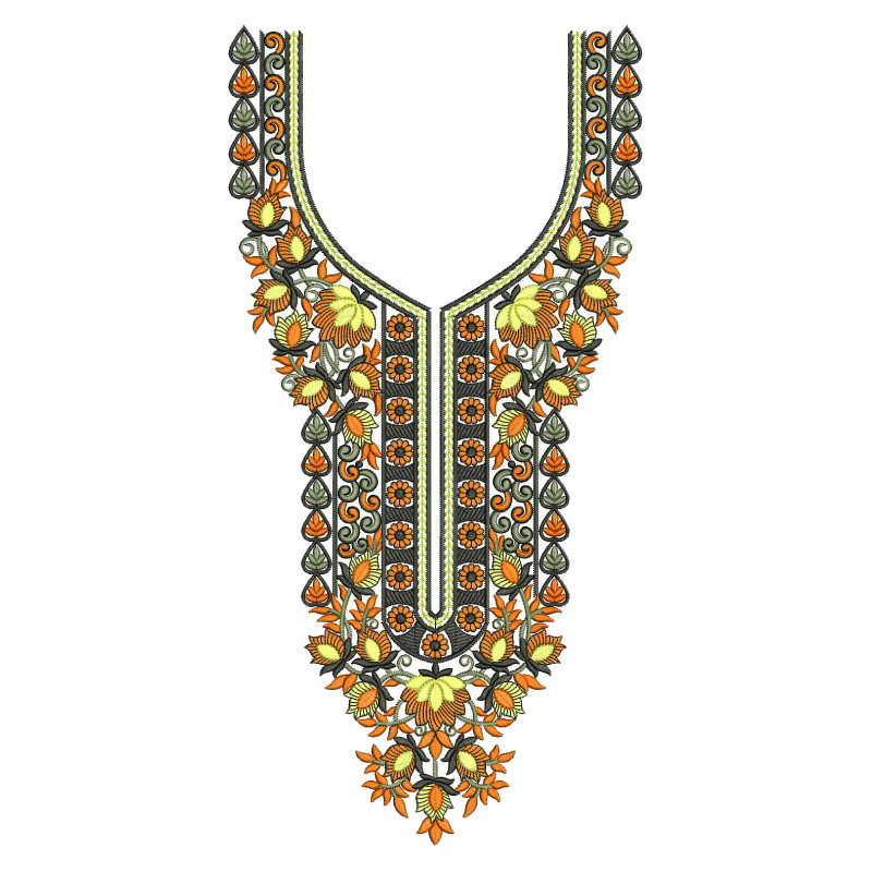Ornate Floral Garment Neckline Embroidery Design